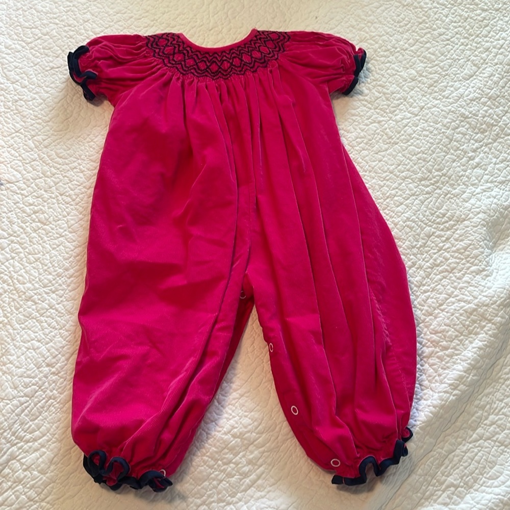 Classic whimsy smocked pink corduroy outfit with navy blue details